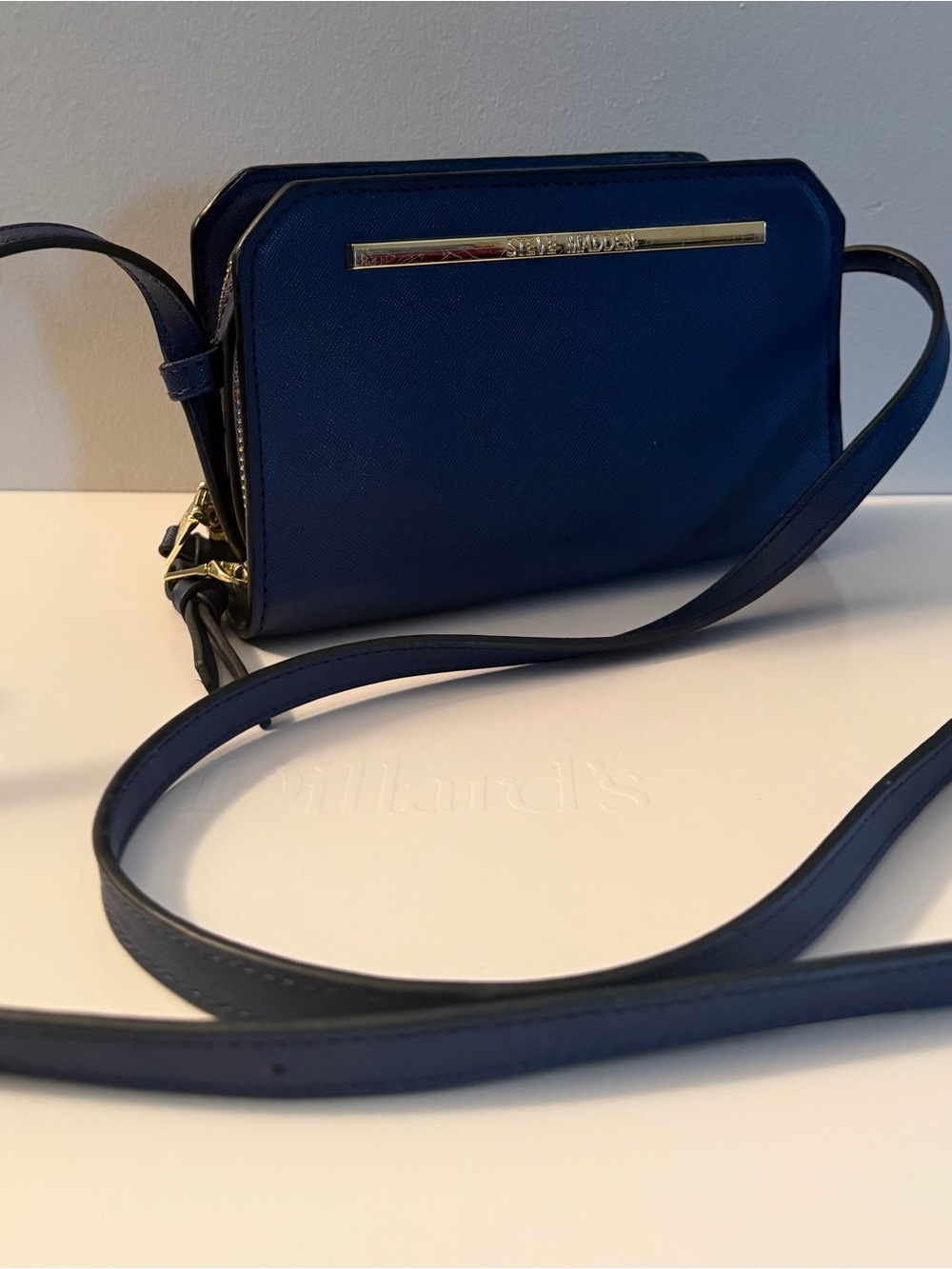 Steve Madden Deep Blue Saffiano Crossbody with Gold Accent